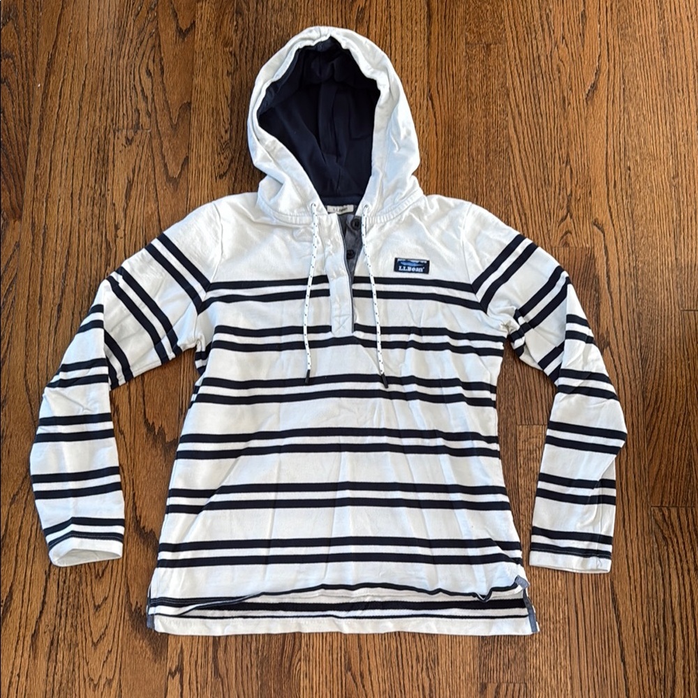 L.L. Bean Cream and Navy Striped Hooded Top